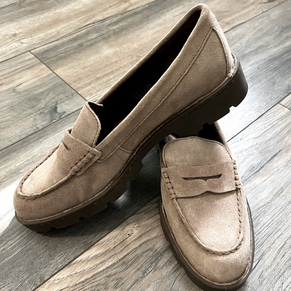 Leather chunky sole taupe loafers